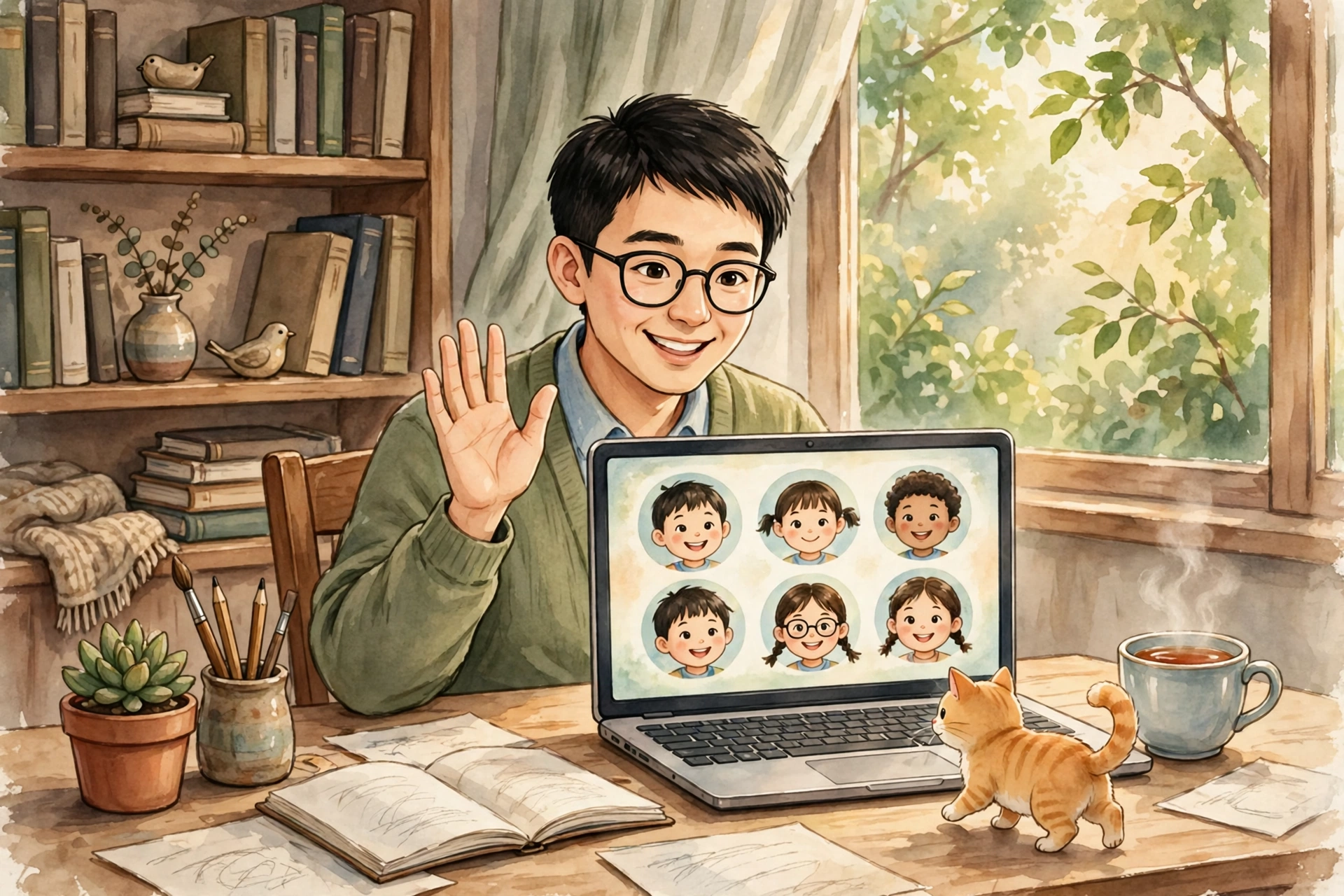 林老师坐在家里的书桌前,对着笔记本电脑向学生们挥手打招呼,屏幕上是学生们的小脸,桌上有一杯热茶,小猫咪咪正走过键盘