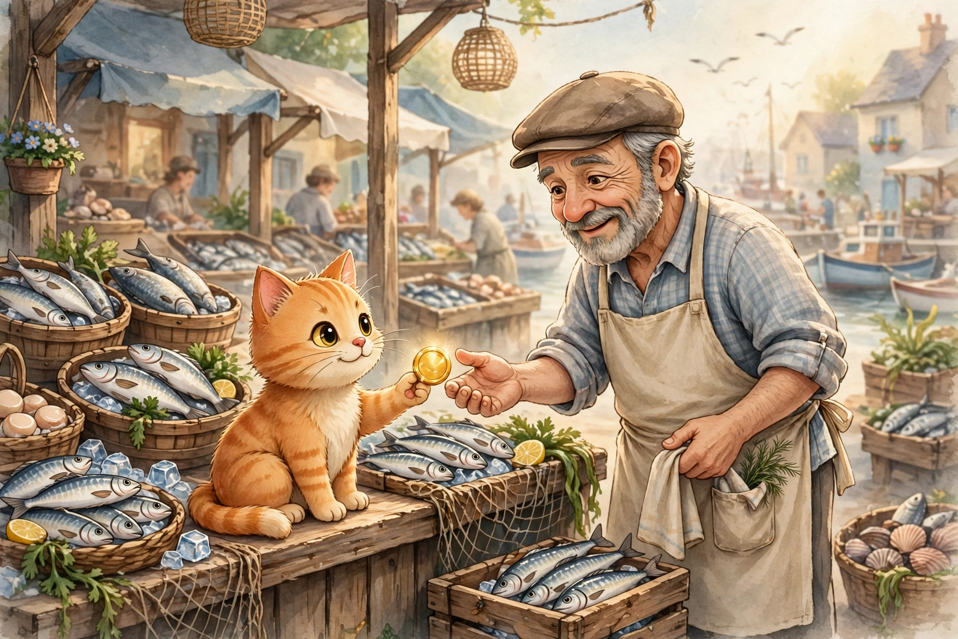 清晨的鱼市里,一只小橘猫坐在鱼摊上,把一枚金色硬币递给微笑的卖鱼老人,摊上摆满了新鲜的鱼
