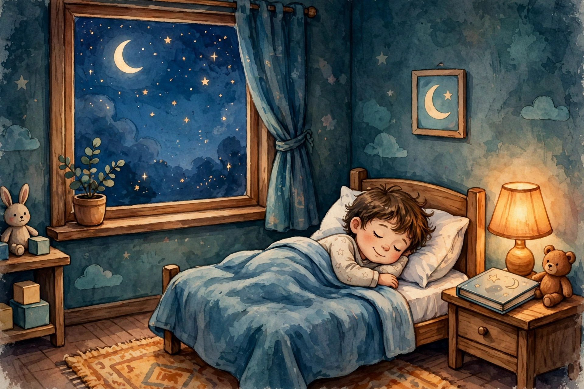 夜晚温馨的儿童房里,一个孩子盖着蓝色被子在小床上安睡,窗外挂着弯月和星星,床头小灯散发着暖光