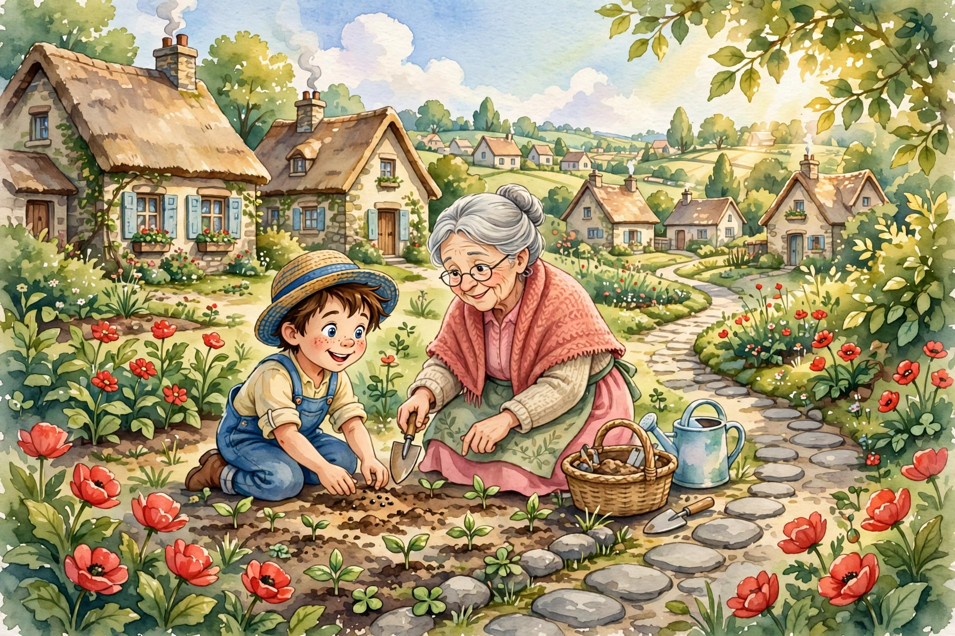 Dan 和奶奶在村庄花园里一起种下种子，红花开在石子小路旁
